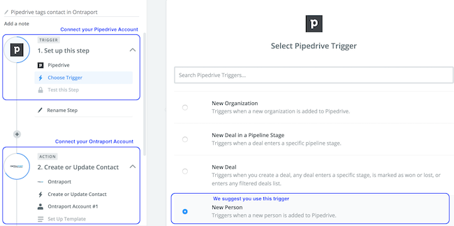 pipedrive integration tags contact in ontraport on new person